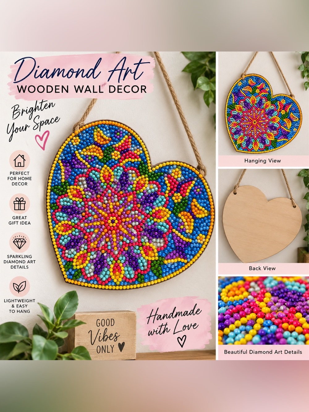 Handmade Multicolor Heart Diamond Art Wooden Wall Decor - Vibrant Colors